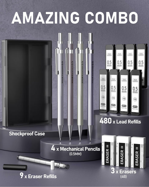 Four Candies 0.5mm Mechanical Pencil Set with Case - 4PCS Metal Mechanical Pencils, 8 Tubes HB #2 Lead Refills, 3PCS 4B Erasers and 9PCS Eraser Re...