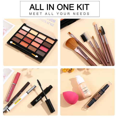 All in One Makeup Kit For Women Girls Teens Makeup set 16 Colors Eyeshadow Palette Foundation Eyeliner Contouring Stick Lip Gloss Eyebrow Mascara ...