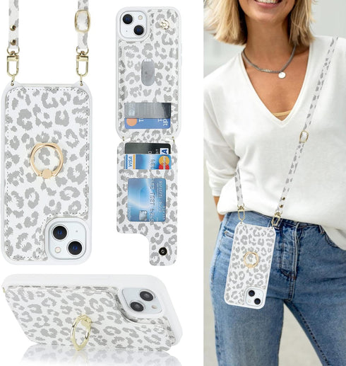 for iPhone 15 Case with Card Holder and Strap for Women,Crossbody Lanyard,Ring Stand,Snap Clasp,Cute Phone Wallet Cases 6.1 inch(White Leopard)......