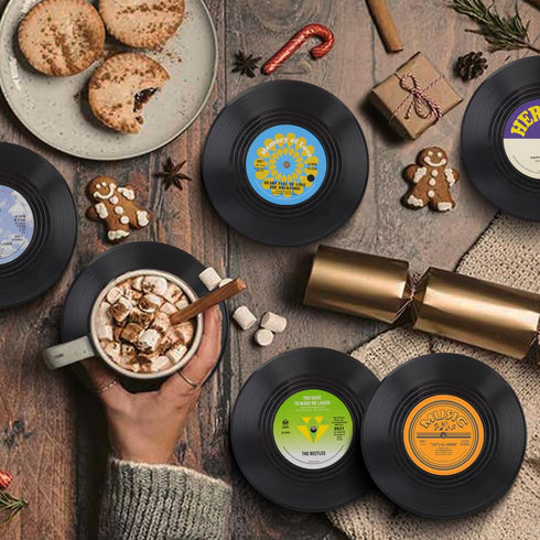 Funny Retro Record Coasters for Drinks with Vinyl Player Holder for Music Lovers,Set of 6 Conversation Piece Sayings Drink Coaster,Housewarming Ho...