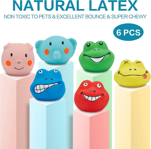 Squeaky Dog Toys Durable Soft Latex Rubber Teething Chewing Interactive Fetch Play Squeak Puppy Toys with Funny Face for Puppy Small Medium Dog 6p...