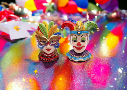 Clown and Girl Wearing a Mask Ceramic Salt and Pepper Shakers Set...