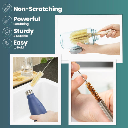 Bottle and Straw Brush Cleaning Set - Ergonomic & Plastic Free Bamboo Bottle Brush, All in One Bottle Cleaning Set, Sturdy Eco Friendly Water Bott...