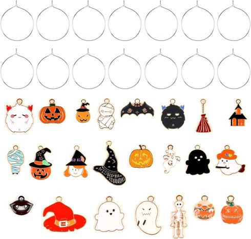 23pcs Halloween Wine Charms Bar Wine Glass Markers Set Ghost Pumpkin Bat Wizard Hat Broomstick Castle Moon Mummy Skeleton Halloween Enamel Charms...