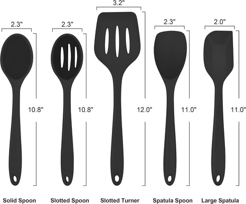 Homikit 5-Piece Kitchen Cooking Utensils Set, Black Silicone Slotted Turner Spatula Spoons for Nonstick Cookware, Dishwasher Safe Kitchen Tools fo...