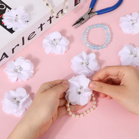 30 PCS Flower Appliques, Rhinestone Flowers for Graduation Cap Chiffon Fbric Pearl Craft Chiffon Supplies Lace Sewing Fabric Appliques for Clothin...