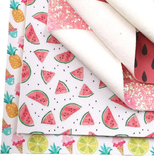 Summer Fruits Faux Leather Sheet Glitter Synthetic Leather Fabric Assorted 5 Pcs 7.7" x 12.9" (20 cm x 33 cm) for Hair Bows Headbands Making...