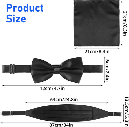 Men's Cummerbund Bow Tie Set Adjustable Solid Color Tuxedo Cummerbund and Bow Tie Pocket Squares,Black...