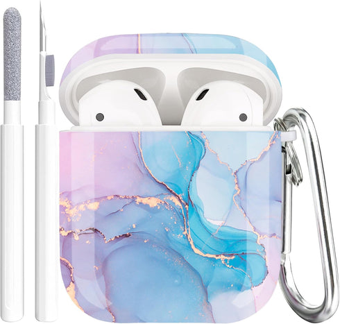 Protective Hard Case Cover with Cleaner Kit Portable Shockproof Women Girls with Keychain for Apple Airpods 2/1 Charging Case - Watercolor Marble...