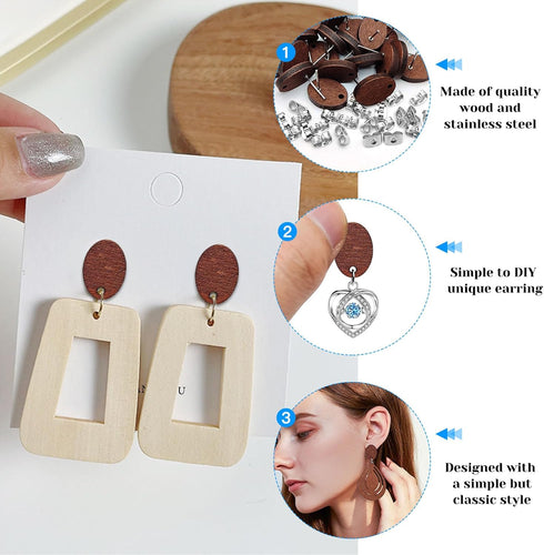 Ximalun Wood Earring Studs for Jewelry Making,90Pcs Wooden Earring Posts for Earring Findings Oval Wood Earring Pin Studs with Loop with Ear Backs...