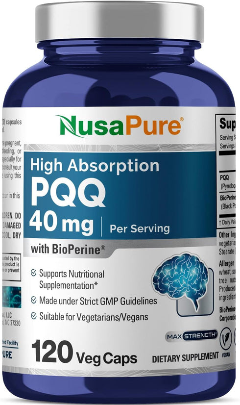 NusaPure PQQ Supplement 40 mg, 120 Veggie Capsules, Non-GMO, Pyrroloquinoline Quinone Disodium Salt, Bioperine...
