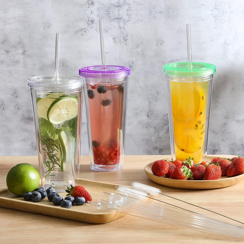 24 Pack, HIGHLY Transparent Reusable Plastic Straws with 4 Cleaning Brushes, 10.5 in Long Drinking Straws, Clear Replacement Straws for 16 24 30 3...