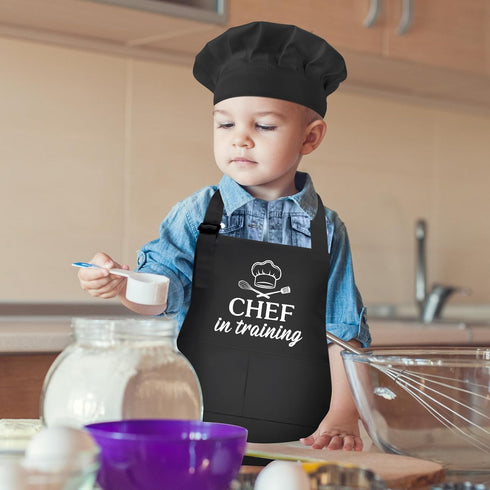 Kids Apron and Chef Hat Set, “CHEF in training” Apron Adjustable Child Apron Chef in Training Funny Apron...