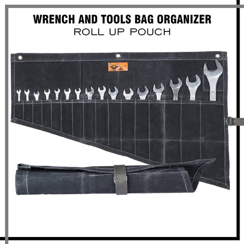 16 Pocket Wrench Roll Up Pouch Metric & Standard Wrench Set Organizer & Roll-Up Pouch Tool Bag Hand Made of 100% Cotton Full Waxed Canvas - Coal B...