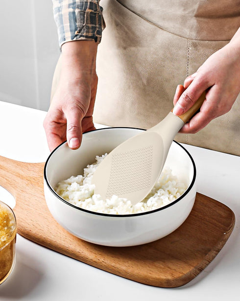 Cooking Spoon and Rice Scooper for Nonstick Cookwares, Great for Cooking and Serving Durable BPA-Free Matte Silicone, Wood Handle Spoon for Mixing...