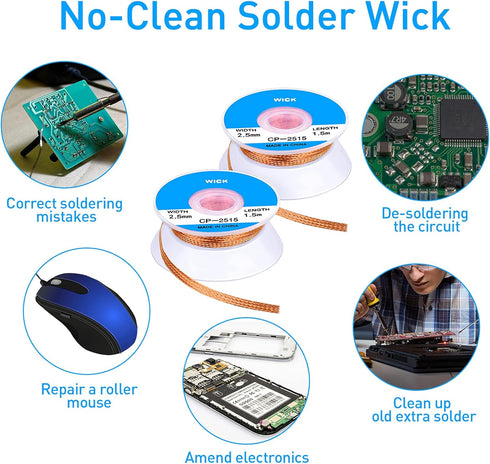 6 Pieces Solder Wicks No-Clean Solder Braided Wicks Desoldering Wicks, 1.5 meter Length (Blue,0.1 Inch)...