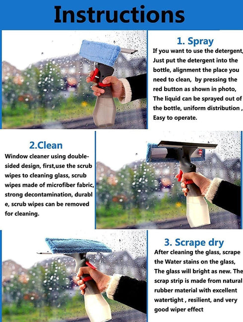 3 in 1 Window Cleaner Squeegee,Microfiber Window Washer,Glass Cleaning Tool Wiper with Spray Bottle for Home Window, Car Window...
