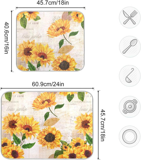 Qilmy Sunflowers Dish Drying Mat Water Absorption Tableware Drying Mat for Kitchen Countertop Home Decoration, 16 x 18 Inch Non Slip Dish Mats, He...