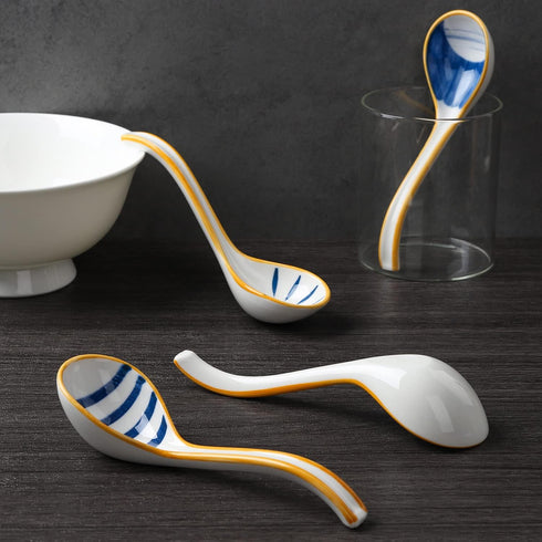 Ceramic Soup Spoons Set of 4 Porcelain Japanese Soup Spoon Long Handle Asian Soup Spoon Sets for Pho Ramen Noodles Wonton Dumpling Rice (Model 1#)...