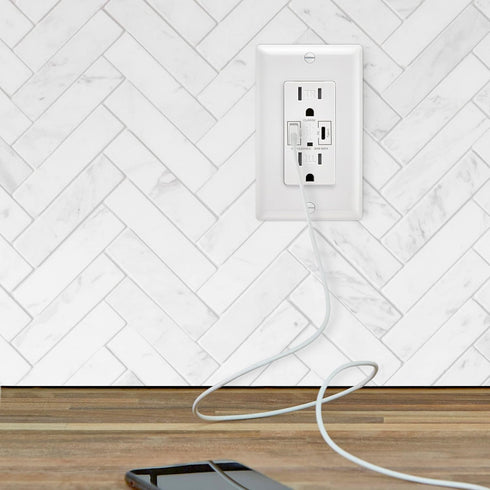 Maxxima 15A USB Wall Outlet Receptacle, 30W Power Delivery QC 3.0 Type-C/A w/ 2 Standard Outlets, High Speed Charging for Smart Devices, Duplex Re...