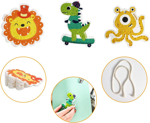 3pcs Compressed Wood Pulp Sponge Scrubber, Cute Cartoon Dual-Sided Reusable Dish Washing Cleaning Sponges Brush, with lanyard, Individually Packag...