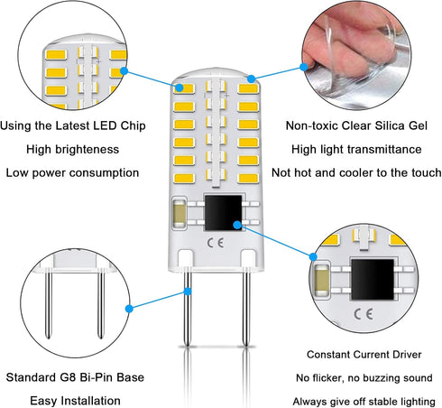 Dimmable G8 LED Bulbs Daylight White 6000K 3W Equivalent to T4 Bi-Pin Base 120V 20W-25W Halogen Bulbs for Under Cabinet Light, Under Counter Kitch...