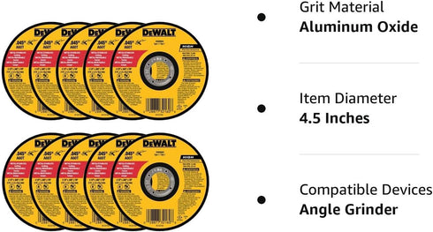 DeWalt DW8062 4-1/2"x.045"x7/8" Metal Angle Grinder Thin Cutoff Wheel, 10 Pack...