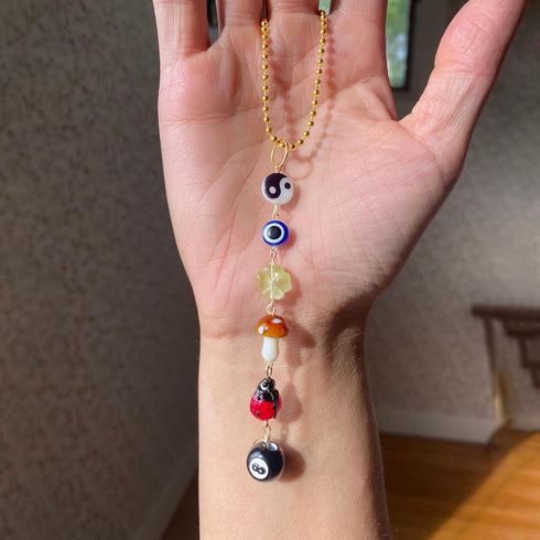 Evil Eye Car Accessories,Cute Car Charms for Rear View Mirror,Lucky Car Hanging Ornament,Yin Yang 8 Ball Mushroom Four-Leaf Ladybug Decor for Car,...