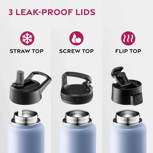 FineDine Triple Walled, Insulated Water Bottles with Straw - 25 Oz Stainless Steel Metal Bottle W/ 3 Leak Proof Lids - For Travel, School, Sports,...
