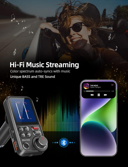 Nulaxy FM Bluetooth Transmitter for Car, Strong Microphone Bluetooth Car Adapter with 1.8" Color Screen for Hands-Free Calls, Supports QC3.0 Charg...