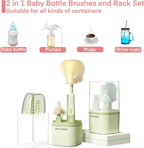 Travel Baby Bottle Brush ?6 in 1 Portable Nursing Bottle Brush Set with Silicone Bottle Brush,Drying Drain Pole,Nipple Brush,Straw Brush and Stora...