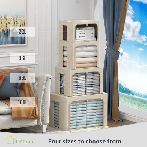 Clothes Storage Bins Box - Linen Fabric Foldable Stackable Container Organizer Set with Clear Window & Carry Handles & Metal Frame - 2Pack Large C...