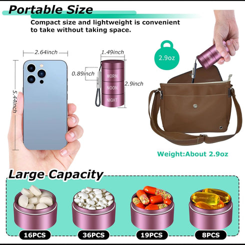 Aluminum Alloy Waterproof Pill Organizer 3 times a day,Moisture Proof Metal Pill Case,Small Daily Pill Holder for Purse,Portable Travel Pill box C...