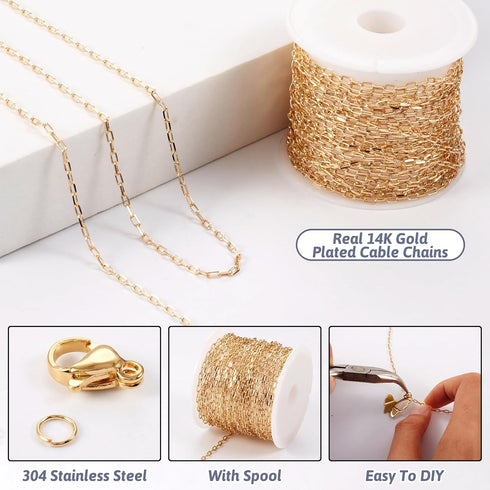 Pandahall 16.4 Feet Brass 14K Gold Plated Cable Chains Unwelded Paperclip Chains Jewelry Chains with Jump Rings Lobster Claw Clasps for Bracelet N...