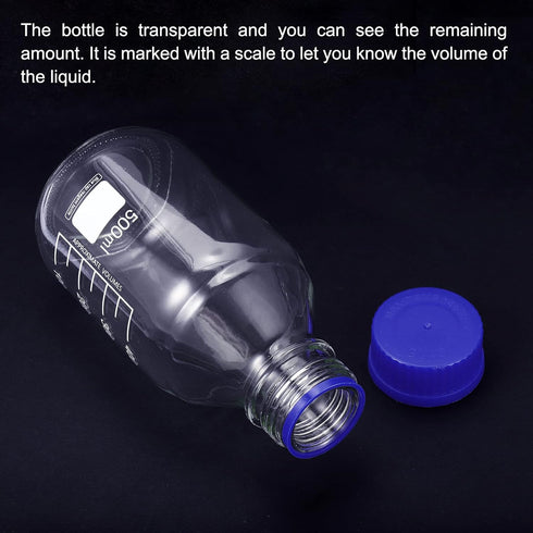 PATIKIL 500mL Reagent Media Bottle, 2Pcs Round Graduated Glass Storage Bottle Blue Screw Cap for Chemistry Lab Universities Home, Clear...