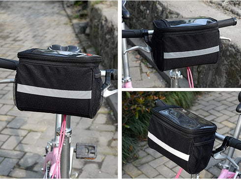 Bike Handlebar Bag Bicycle Basket Waterproof Mountain Cycling Pack with Touchable Transparent Cell Phone Pouch Reflective Stripe Bike Front Basket...