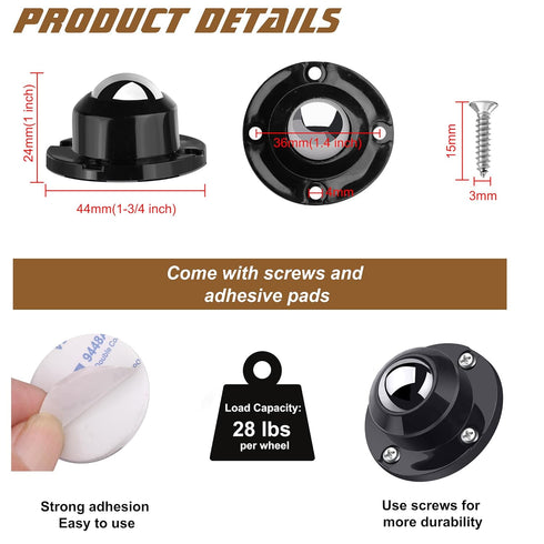 PlusRoc 4 Pack 1 Inch Self Adhesive Paste Caster Wheels for Furniture Bucket, Load Capacity 28LBS Per Wheel, Low Profile Swivel Wheels for Small A...