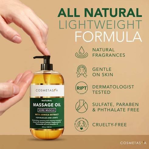 Cosmetasa Sore Muscle Massage Oil with Deep Tissue Massager - Thumb Saver and Oil Soothes Muscle and Joint with Arnica Extract, Peppermint, Chamom...