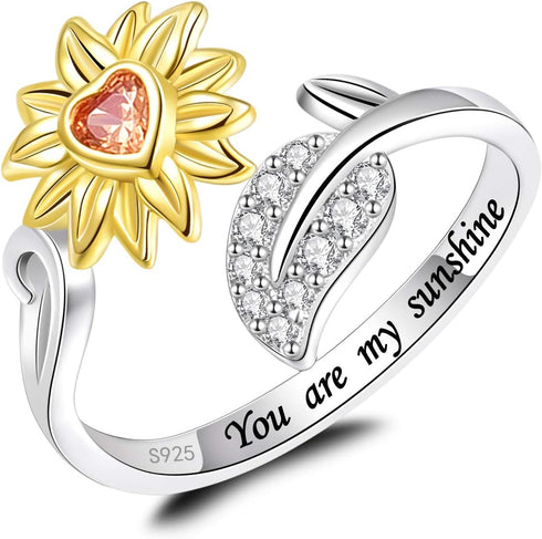 BEILIN You Are My Sunshine Sunflower Ring for Women S925 Sterling Silver I Love You Forever Promise CZ Heart Ring Adjustable Wrap Open Ring...