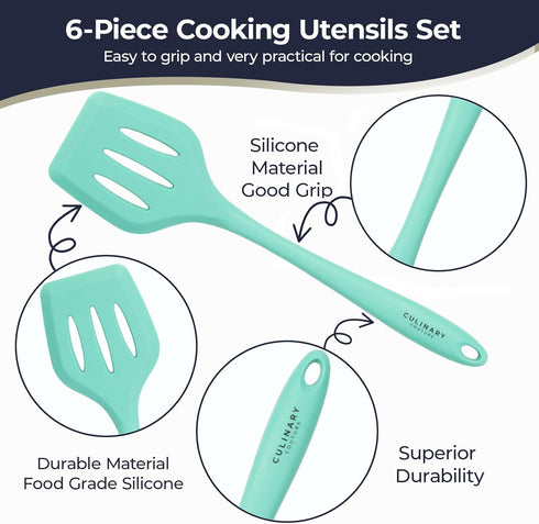 Culinary Couture Aqua Sky Silicone Cooking Utensils Set - Sturdy Steel Inner Core - Spatula, Mixing & Slotted Spoon, Ladle, Pasta Server, Drainer ...