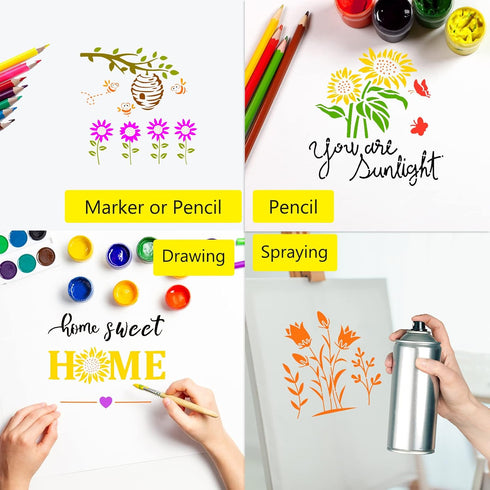 12 Pcs Sunflower Stencil Bee Butterfly Spring Summer Flower Daisy Floral Stencil Template for Painting on Wood Crafts Canvas Home Decor,7.87x7.87 ...