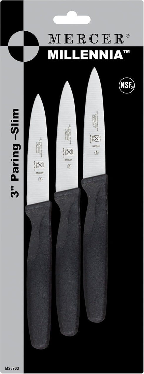 Mercer Culinary M23903 Millennia Black Handle, 3-Inch Slim Paring Knives (3-Pack), Paring Knife...