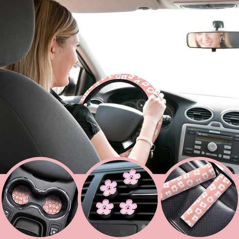 Frienda 10 Pcs Flowers Vintage Groovy Car Accessories Set Floral Steering Wheel Cover Flowers Car Air Vent Clips Center Console Armrest Cushion Ca...