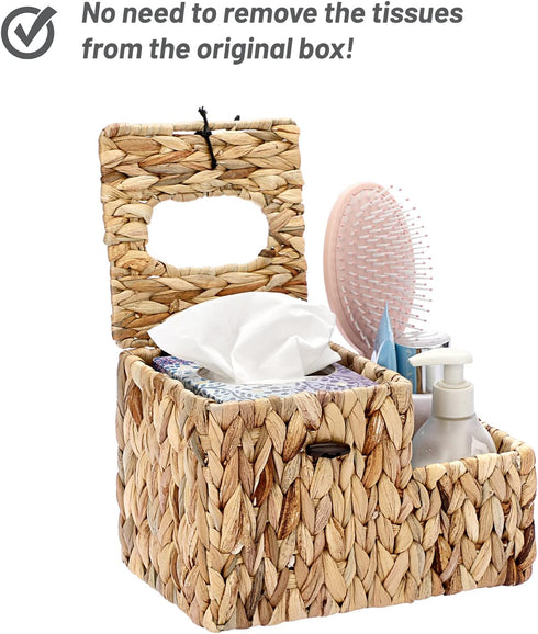 Sumnacon Square Woven Tissue Box Cover - Decorative Cube Wicker Tissue Box Holder with Side Organizer, Rustic Water Hyacinth Tissue Holder for Liv...