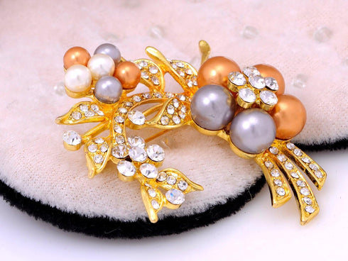 Alilang Womens Yellow Golden Tone Clear Rhinestones Faux Pearls Floral Flower Brooch Pin...