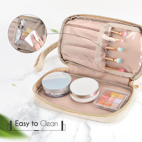 Travel Makeup Bag, Large Double Layer Make Up Cosmetic Bag for Women, Wide-open Pouch Organizer Bag for Girls, Roomy Makeup Travel Bags (Beige)...