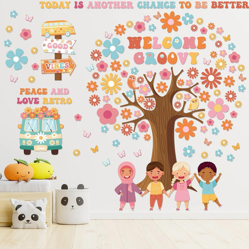 115Pcs Groovy Classroom Tree Bulletin Board Decorations Set Motivational Welcome Accents Tree Wall Bulletin Decor Boho Daisy Owls Cut-Outs for Bac...