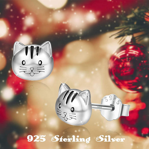 925 Sterling Silver Cat Earrings, Hypoallergenic Kitten Studs Kitty Earring for Sensitive Ears Mother Day Present for Women Lovers with Packing Gi...