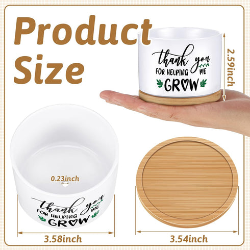 Teachers Appreciation Gift Thank You for Helping Me Grow Gifts Succulent Pots Ceramic Flower Planter Pot with Bamboo Tray White Teacher Plant Pots...