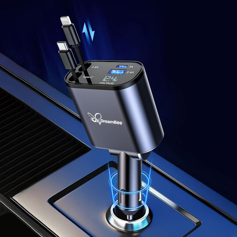 Retractable Car Charger,66W 4 in 1 Super Fast Charge Car Phone Charger,Retractable Cables (31.5 inch) and 2 USB Ports Car Charger Adapter for iPho...